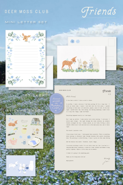 Deer Moss Mail Club monthly envelope with illustrated postcard