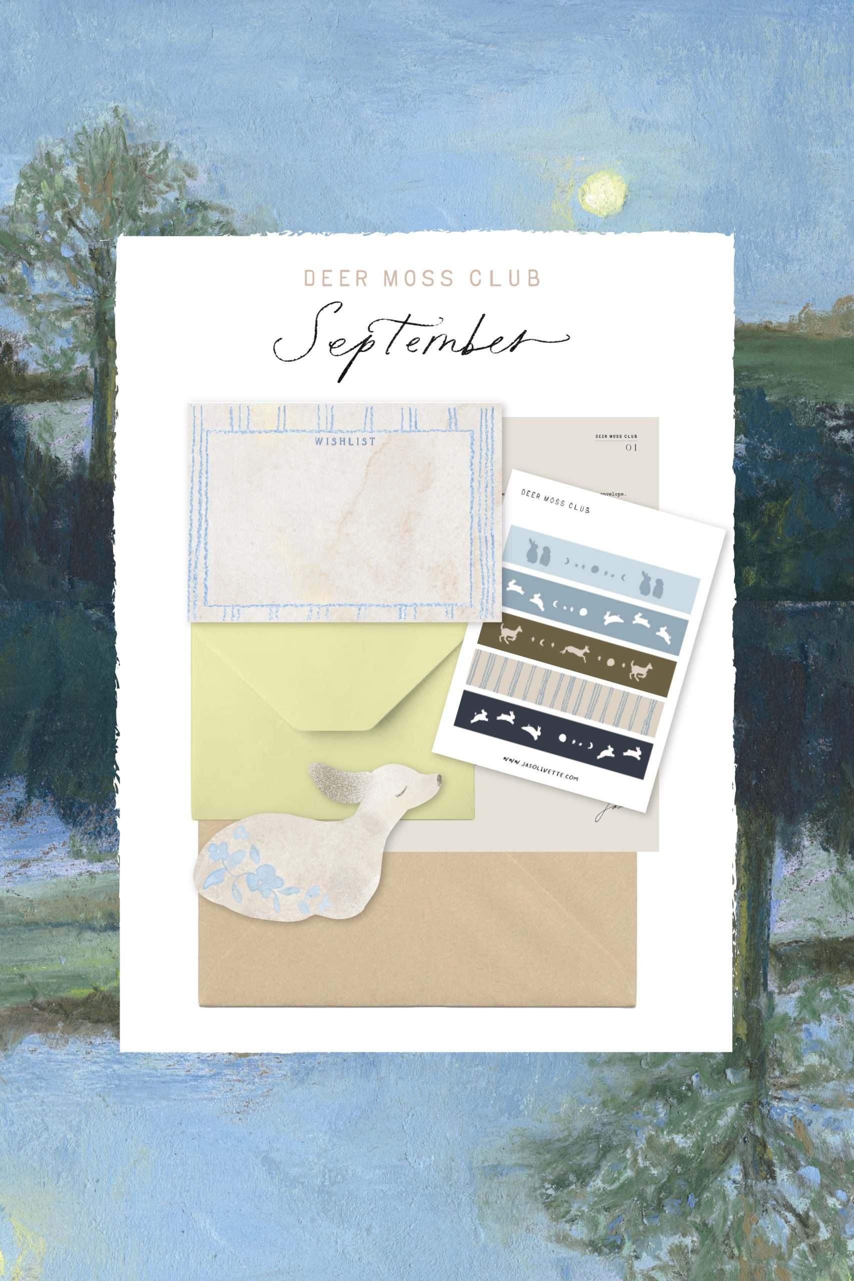 Deer Moss Club September mail kit on a blue moonlit pond painting background. A cream "Wishlist" notecard with a blue pencil border rests on a pale yellow envelope and a kraft envelope. A sleeping fawn die-cut with blue flowers and a washi tape sheet of rabbits, deer, and moon phases sit alongside.