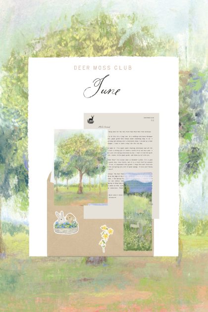 Deer Moss Club June mail kit on a soft green pastel landscape background. A kraft envelope holds a typed letter, a pastel print of sunlit trees, and a bookmark of a wildflower meadow with rabbits. A bunny pair in a blue flower basket sticker and a yellow buttercup sticker sit below.