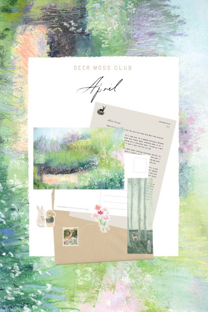 Deer Moss Club April mail kit on a pastel spring meadow background. A kraft envelope holds a typed "Hello friend" welcome letter, a spring meadow pastel postcard, and a tall bookmark of a deer among pale birch trunks. A deer stamp, bunny pair sticker, and pink cosmos sticker sit on top.