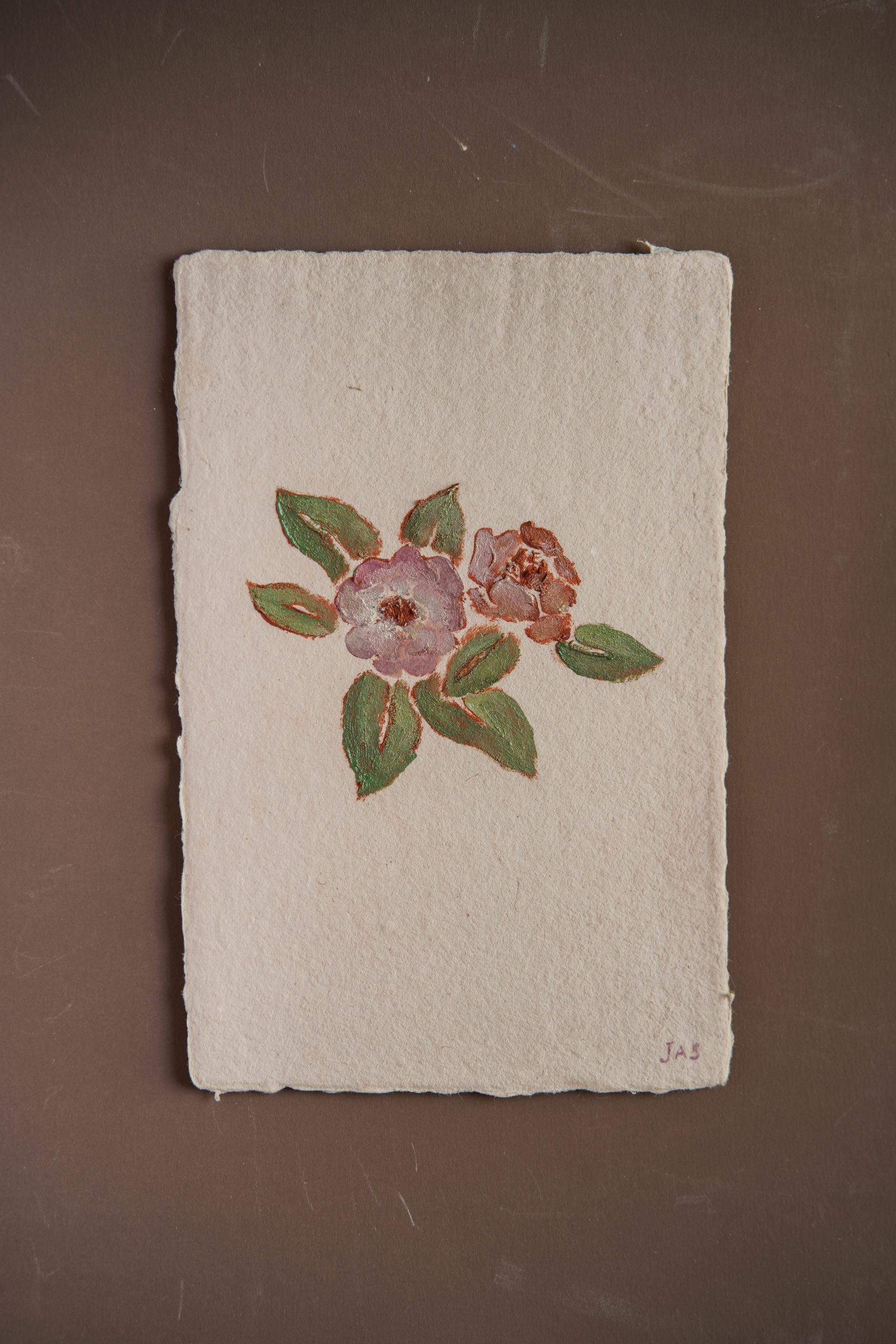 Small original painting of dogrose on handmade paper